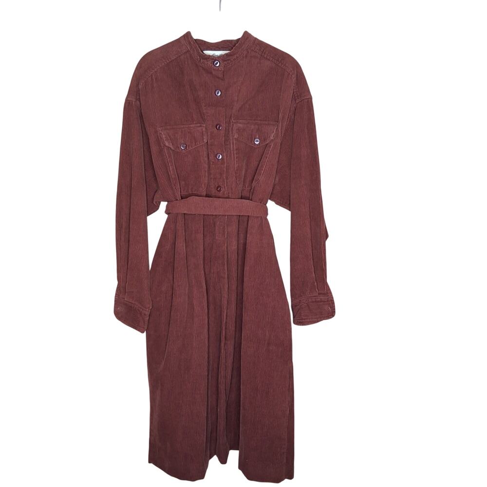 Vintage Eddie Bauer Corduroy Long Sleeve Rust Colored Dress Belt Pockets Size M